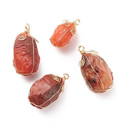 Carnelian Natural Carnelian Pendants, with Golden Tone Copper Wire Wrapped, Nuggets Charm, 33.5~46x15~24x17~23mm, Hole: 3~4mm