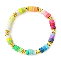 Coloré Disque d’argile polymère et bracelet extensible à perles rondes en alliage, bracelet preppy, colorées, diamètre intérieur: 2-3/8 pouce (5.9 cm)