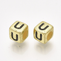 Letter U Acrylic Beads, Horizontal Hole, Metallic Plated, Cube with Letter.U, 6x6x6mm, 2600pcs/500g