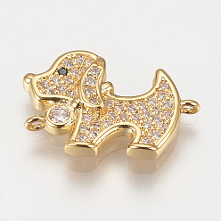 Golden Brass Micro Pave Cubic Zirconia Puppy Links connectors, Beagle Dog, Clear, Golden, 14x20.5x4mm, Hole: 1mm