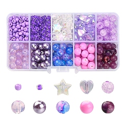 Pourpre Kit de recherche de fabrication de bijoux en perles de bricolage, y compris imitation pierre précieuse & craquelé & coeur & étoile & perles rondes en acrylique & verre, pourpre, 4~10x3~8mm, Trou: 1~2mm, 706 pcs / boîte
