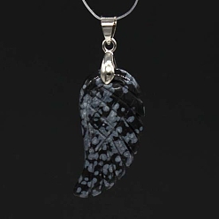 Obsidiana Copo de Nieve Copo de nieve colgantes naturales de obsidiana, con fornituras de latón de tono platino, ala, 35x17 mm