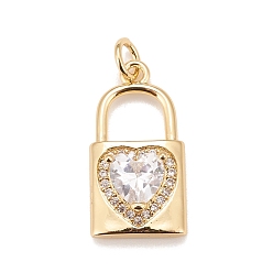 Clear Brass Micro Pave Cubic Zirconia Pendants, Real 18K Gold Plated, Lead Free & Cadmium Free, Lock, Clear, 20x11x5mm, Hole: 3mm