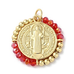 Red Rack Plating Real 18K Gold Plated Brass Saint Benedict Pendants, with Glass Beaded, Cadmium Free & Lead Free, Long-Lasting Plated, Red, 25.5x3mm, Hole: 4.3mm