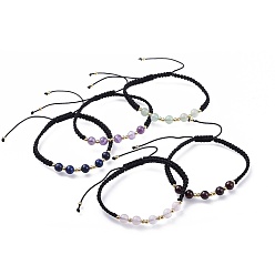 Pierre Mélangete Bracelets de perle tressés de pierres précieuses naturelles réglables, bracelet en nylon avec nœud carré, avec les accessoires en laiton, or, 2 pouce (5.2 cm)
