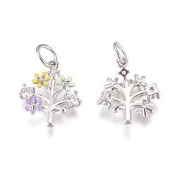 Platinum Brass Charms, with Micro Pave Cubic Zirconia, Enamel and Jump Rings, Flower, Colorful, Platinum, 13x12x2.5mm, Hole: 3.5mm