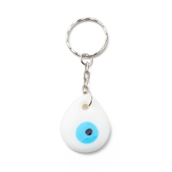 White Teardrop Handmade Lampwork Evil Eye Pendants Keychain, with Iron Findings, White, 8.5cm