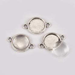 Antique Silver DIY Links Making, with Alloy Cabochon Connector Settings and Clear Glass Cabochons, Flat Round, Antique Silver, Connector Setting: 25x17x2mm, Hole: 2mm, Tray: 14mm, Glass Cabochon: 13.5~14x4mm, 2pcs/set