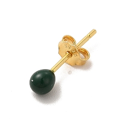 Dark Green Enamel Round Ball Stud Earrings, Golden 925 Sterling Silver Jewelry for Women, Dark Green, 14.5x3mm, Pin: 0.8mm