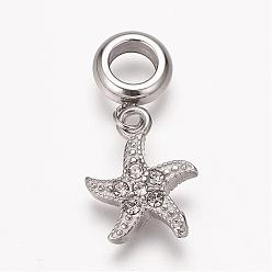 Antique Silver 304 Stainless Steel Rhinestone European Dangle Charms, Large Hole Pendants, Starfish/Sea Stars, Antique Silver, 25mm, Hole: 5mm, Pendant: 15x12x3mm