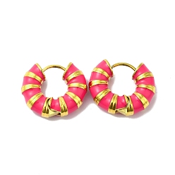 Deep Pink Enamel Round Hoop Earrings, Real 14K Gold Plated 304 Stainless Steel Jewelry for Women, Deep Pink, 18x21x6mm, Pin: 1mm