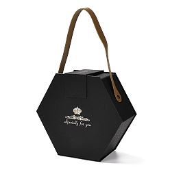 Negro Cajas de regalo de cartón hexagonales del día de san valentín, con asas de imitación de cuero pu, negro, 28.5 cm, bolsa: 16.5x18.5x8 cm
