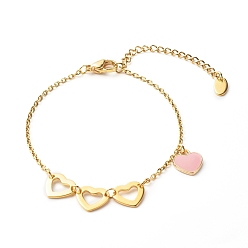 Pink Heart Alloy Enamel Charm Bracelet for Valentine's Day, with Ion Plating(IP) 304 Stainless Steel Findings, Pink, 7.48 inch(190mm)