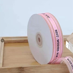 Pink Printed Polyester Satin Ribbon, Word Best Wishes For You, Pink, 1 inch(24mm), about 44.84 Yards(41m)/Roll