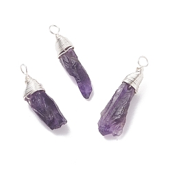 Amethyst Rough Natural Amethyst Pendants, with Silver Tone Copper Wire Wrapped, Nuggets, 26~31.5x7~9.5x6~8mm, Hole: 3~3.5mm
