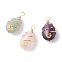 Mixed Stone 3Pcs 3 Styles Natural Mixed Gemstone Pendants, Natural Rose Quartz & Amethyst & Green Aventurine, with Golden Tone Copper Wire Wrapped, Teardrop Charm, 24.5x14x7.5mm, Hole: 3.6mm, 3pcs/set