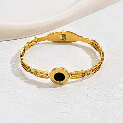 Noir Bracelet rond plat en coquillage naturel, bracelet en acier inoxydable plaqué or véritable, noir, diamètre intérieur: 18 pouce (2-3/8~2-3/4 cm)