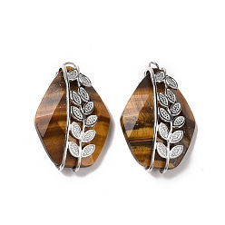 Tiger Eye Natural Tiger Eye Pendants, Faceted Rhombus Charm, with 304 Stainless Steel Leaf Findings, 34~35x22.5x10~11mm