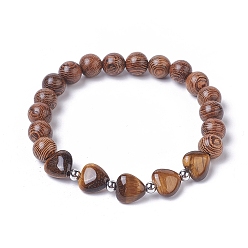 Tiger Eye Heart Natural Tiger Eye Beads Stretch Bracelets, with Round Dyed Wood Beads and 304 Stainless Steel Smooth Spacer Beads, 2-1/8 inch(5.3cm)