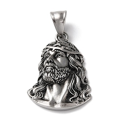 Antique Silver Ion Plating(IP) 304 Stainless Steel Pendants, Jesus Face Charm, Antique Silver, 31.5x23.5x5.5mm, Hole: 4.5x8.5mm