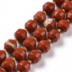 Red Jasper Natural Red Jasper Beads Strands, with Seed Beads, Faceted Bicone Barrel Drum, 9~10mm, Hole: 1.2mm, about 29~32pcs/strand, 14.45~14.84 inch(36.7~37.7cm)