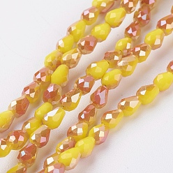 Rainbow Plated Electroplate Imitation Jade Glass Beads Strands, Half Plated, Faceted, teardrop, Yellow, Rainbow Plated, 4.5x3mm, Hole: 1mm, about 100pcs/strand, 17.3 inch
