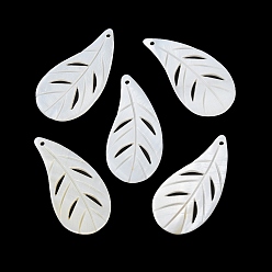 Blanc Fumé Pendentifs de coquillages d'eau douce naturelle, charmes de feuilles creuses, fumée blanche, 44~45x22x2mm, Trou: 1.6mm