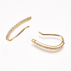 Real 18K Gold Plated Brass Cubic Zirconia Earring Hooks, with Horizontal Loop, Real 18K Gold Plated, 21x2x2mm, Hole: 1mm, 21 Gauge, Pin: 0.7mm