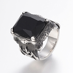 Black 304 Stainless Steel Finger Rings, with Cubic Zirconia, Rectangle, Black, 17~22mm