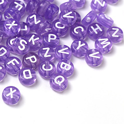 Lilac Transparent Lilac Acrylic Beads, Horizontal Hole, Mixed Letters, Flat Round with White Letter, 7x4mm, Hole: 1.5mm, 100pcs/Bag
