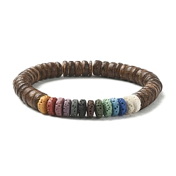 Colorful Dyed Natural Lava Rock & Coconut Rondelle Beaded Stretch Bracelet, Colorful, Inner Diameter: 2 inch(5.1cm)