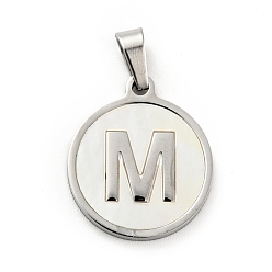 Letter M 304 Stainless Steel with White Shell Pendants, Stainless Steel Color, Flat Round with Letter Charm, Letter.M, 18x16x1.5mm, Hole: 3x6mm