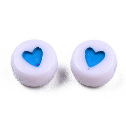 Dodger Blue Opaque Acrylic Beads, with Enamel, Flat Round with Heart, Dodger Blue, 7x3.5mm, Hole: 1.2mm, about 3600~3700pcs/500g