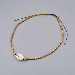 Gold Adjustable Electroplate Non-magnetic Hematite Beaded Necklaces, with Cowrie Shell and Wood Beads, Nylon Cord, Gold, 17.7~25.6 inch(45~65cm)