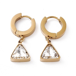 Clear Cubic Zirconia Triangle Dangle Hoop Earrings, Golden 304 Stainless Steel Jewelry for Women, Clear, 27mm, Pin: 1mm