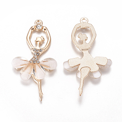 Misty Rose Alloy Big Pendants, with Resin & Crystal Rhinestone, Faceted, Ballerina, Golden, Misty Rose, 59~60x30~31x4.5mm, Hole: 2.5mm