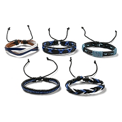 Bleu 5 pcs 5 style réglable tressé imitation cuir cordon ensembles de bracelets avec cordon ciré pour hommes, bleu, diamètre intérieur: 2-1/8~3-1/8 pouce (5.5~80 cm), 1 pc / style
