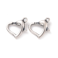 Antique Silver 925 Sterling Silver Lobster Claw Clasps, Heart, Antique Silver, 10x11.5x3.5mm, Hole: 1.2mm, Inner Diameter: 5.5X6.5mm