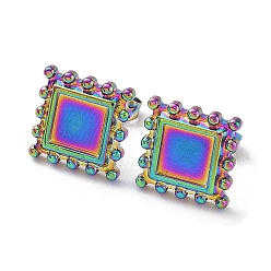 Rainbow Color Ion Plating(IP) 304 Stainless Steel Stud Earring Settings, Square Ear Studs with Granulated Edge, Rainbow Color, Tray: 6x6mm, 11.5x11.5mm, Pin: 0.7mm