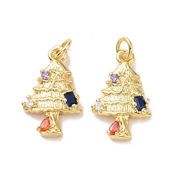 Real 18K Gold Plated Tree Brass Micro Pave Colorful Cubic Zirconia Pendants, with Jump Rings, Cadmium Free & Lead Free, Real 18K Gold Plated, 20x12x3mm, Hole: 3.4mm