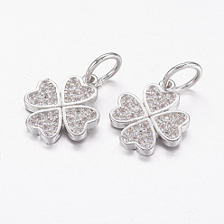 Real Platinum Plated Brass Micro Pave Cubic Zirconia Pendants, Clover, Real Platinum Plated, 14.5x12x1.5mm, Hole: 5mm