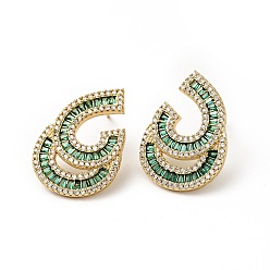 Green Cubic Zirconia Teardrop Stud Earrings, Real 18K Gold Plated Brass Jewelry for Women, Cadmium Free & Lead Free, Green, 24.5x17.5mm, Pin: 1mm