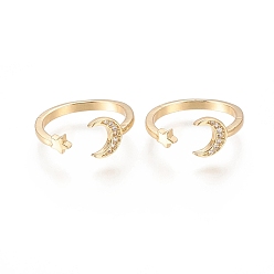 Золотой Латунные кольца из манжеты с прозрачным цирконием, открытые кольца, долговечный, звезды с луной, золотые, Размер 5, внутренний диаметр: 15.5 мм