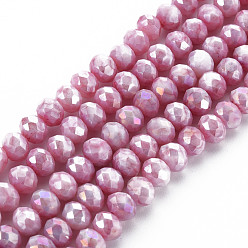 Flamingo Opaque Baking Painted Glass Beads Strands, Imitation Stones, Faceted, AB Color Plated, Rondelle, Flamingo, 8x6mm, Hole: 1.2mm, about 63~64pcs/strand, 15.87 inch~16.14 inch(40.3~41cm)