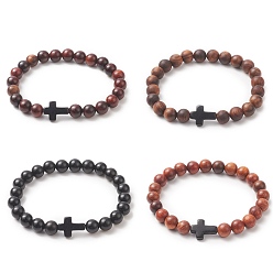 Mixed Color Natural Rosewood & Synthetic Turquoise Beaded Stretch Bracelet for Men Women, Cross Bracelet, Mixed Color, 3/8 inch(0.85cm), Inner Diameter: 2-1/8 inch(5.4cm)