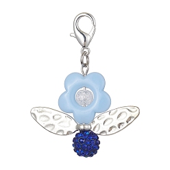 Light Sky Blue Acrylic Flower Pendant Decoration, with Polymer Clay Rhinestone Beads and Zinc Alloy Lobster Claw Clasps, 52mm