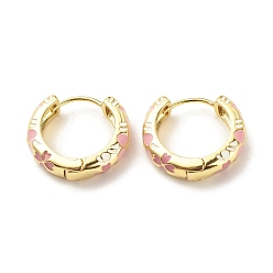 Pink Flower Enamel Hoop Earrings, Gold Plated Brass Hinged Earrings for Women, Pink, 20x22x5mm, Pin: 0.9mm