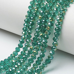 Medium Sea Green Electroplate Transparent Glass Beads Strands, Half Rainbow Plated, Faceted, Rondelle, Medium Sea Green, 4x3mm, Hole: 0.4mm, about 123~127pcs/strand, 16.5~16.9 inch(42~43cm)