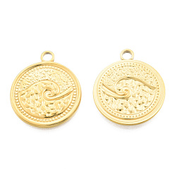Real 18K Gold Plated Ion Plating(IP) 201 Stainless Steel Pendants, Flat Round with Spindrift, Real 18K Gold Plated, 24x20.5x2mm, Hole: 2.5mm