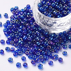 Blue Round Glass Seed Beads, Transparent Colours Rainbow, Round, Blue, 3mm